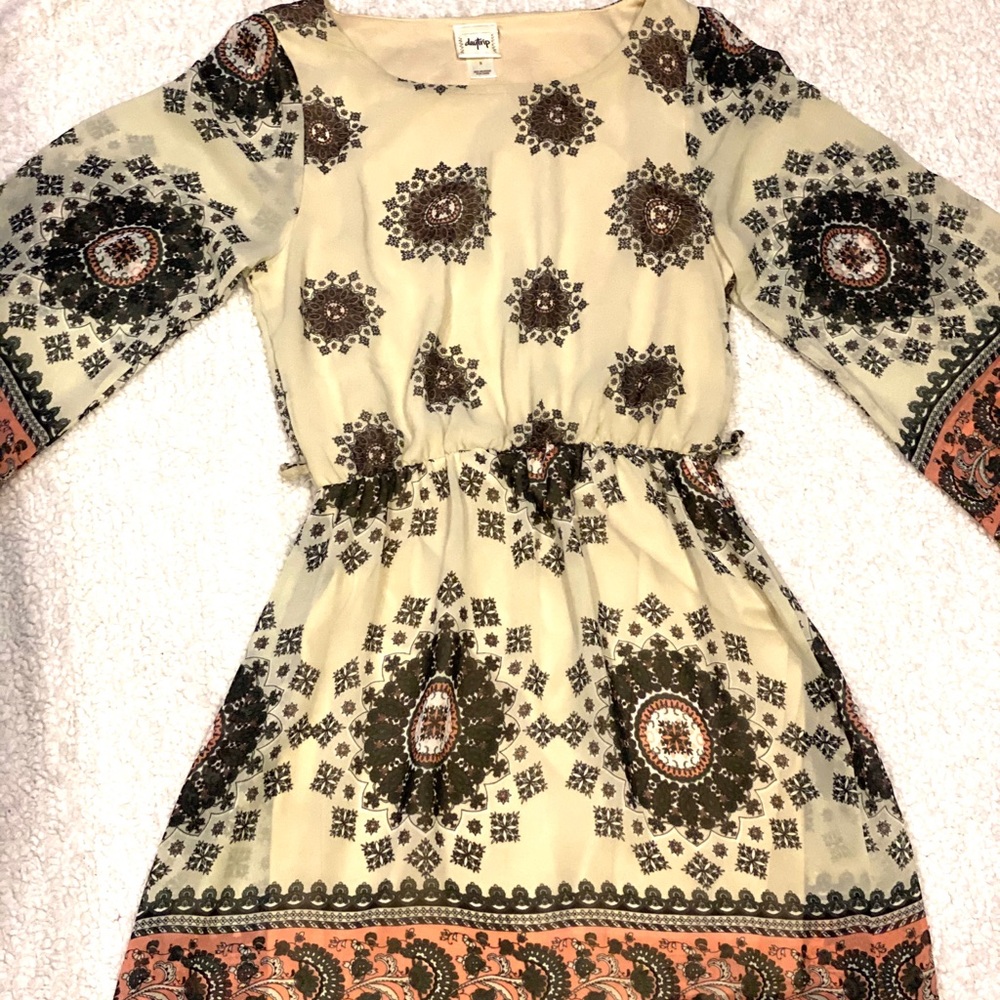 Daytrip Boho 3/4 Sleeve Dress Beige/Pink Size S